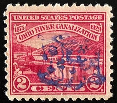 US 1929 #681 - 2c Ohio River Canalization What is it? Blue Pictorial Cancel Used - Image 1 of 4
