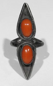 Anillo largo antiguo años 70 Leonard Platero Navajo plata de ley 925 coral natural 5,5 - Imagen 1 de 5
