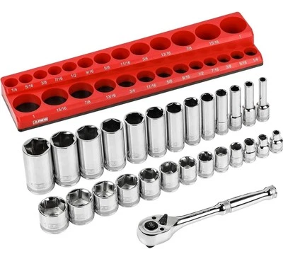 47007-28-Piece 3/8-inch Drive SAE Socket and 90-Tooth Ratchet Set with Magnet... - Image 1 of 4
