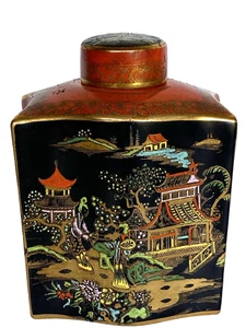Antique Chinoiserie W&R Stoke On Trent Carlton Ware Tea Caddy with Lid, Pagodas - Picture 1 of 13