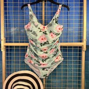 Damen Badeanzug 8 Einteiler geraffte Seiten Schlankmacher Blumen gepolsterte Cups - Bild 1 von 18