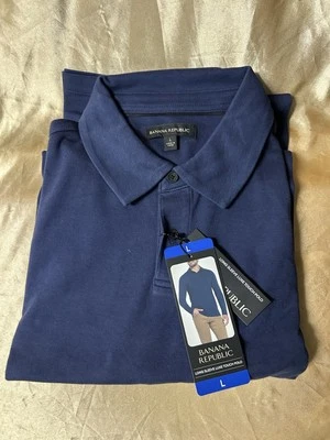 Genuine size LARGE Banana Republic LONG-SLEEVE Luxe-Touch Navy Cotton Polo Shirt - Image 1 of 4