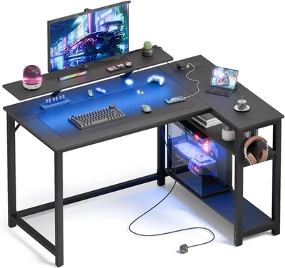 Mondeer L-Form Gaming Tisch 120x90cm LED USB Steckdosen Regal Haken Schwarz - Bild 1 von 4