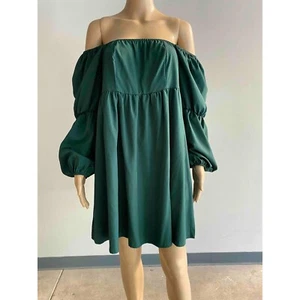 Off Shoulder Dress Puff Sleeve Babydoll Mini Dress Smocked Green Size XL - Picture 1 of 7