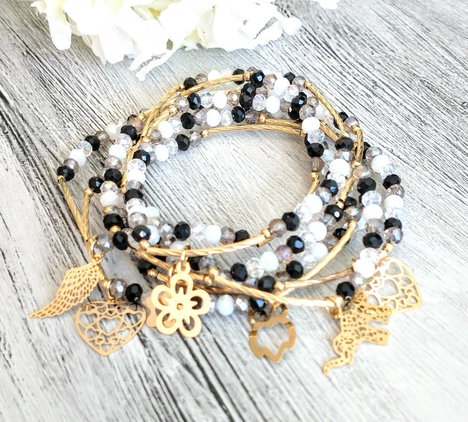 Juego de 7 brazaletes Semanario enchapados en oro amuletos de la suerte cuentas facetadas de cristal  Foto 1 de 1