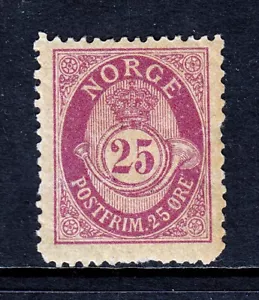 NORVEGIA — SCOTT 54 — 1901 25o CORNO POSTALE LILLA — MH — SCV $85 - Foto 1 di 2