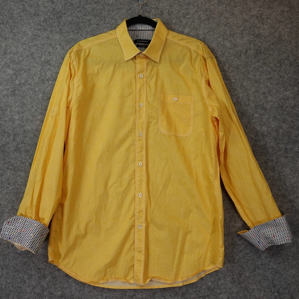 Pinstriped Dress Shirt Mens Large Yellow Flip Cuff Roll Tab Summer Fall BUGATCHI - Image 1 of 4