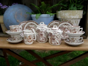 Child's  Antique Brown Transferware Complete Tea Set Little Mae w Newfie - Picture 1 of 24