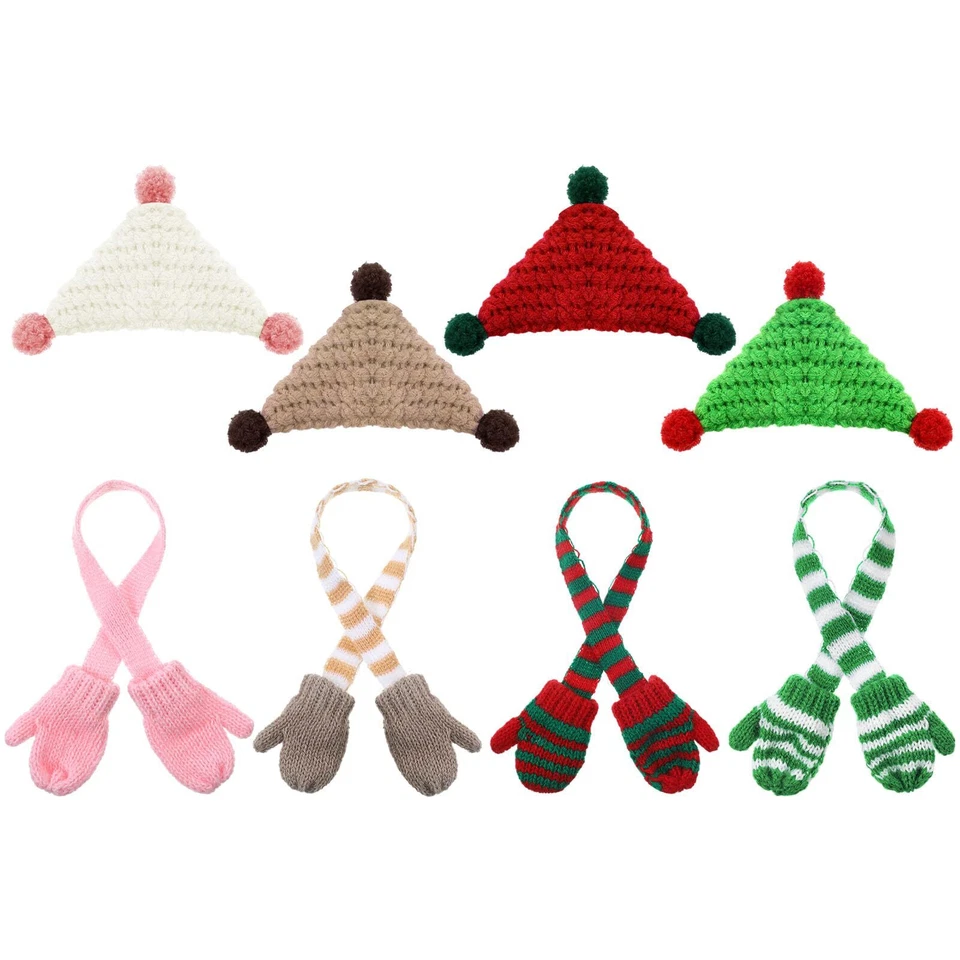 Geyoga 8 Pc Mini Knit Doll Hats & Scarves Set Mini Santa Hats Red White Green - Image 1 of 4