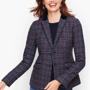 Talbots Mistletoe Wool Blue Red Plaid Velvet Collar 2 Button Blazer Size 14P - Picture 1 of 8