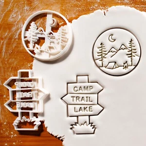 Set of 2 Camping Scene & Hiking Sign Cookie Cutters - outdoor adventure campfire - Picture 1 of 6