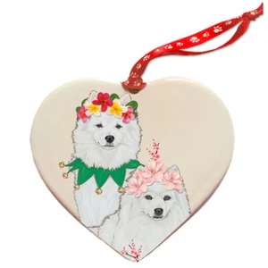 American Eskimo Porcelain Floral Heart Shaped Ornament Double-Sided - Picture 1 of 2