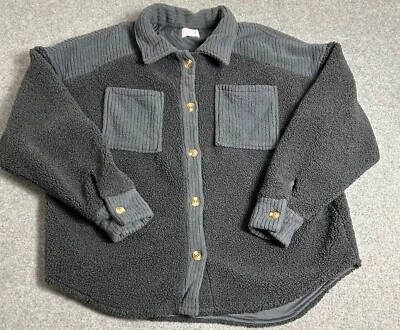 Pink Lily Sherpa Jacket Women Size Large Gray Front Pockets Button Up - Image 1 of 4