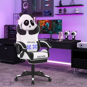 Gaming Stuhl Bürostuhl Drehstuhl mit Massagefunktion Fußstütze Panda-Kopfstütze - Bild 1 von 9