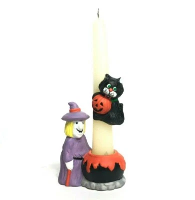 Castiçal vintage com alpinista bruxa e gato preto - decoração de Halloween porcelana - Imagem 1 de 4
