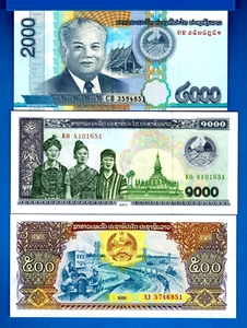 Laos 500 1000 2000 Kip 1988-2011 Paper Money Uncirculated Banknotes Set # 7 - Picture 1 of 2