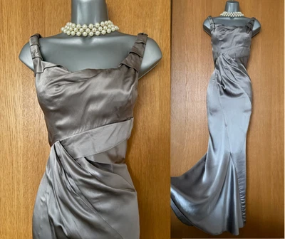 Karen Millen UK 10 Silver Grey Satin Maxi Gown Mermaid Ruched Draped Party Dress - Image 1 of 4