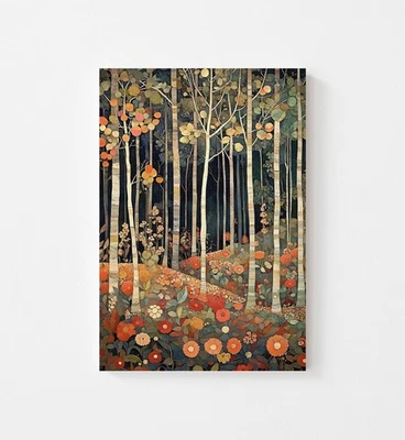 Impresión en lienzo de bosque de otoño, arte de bosque inspirado en Klimt, paisaje floral Foto 1 de 4