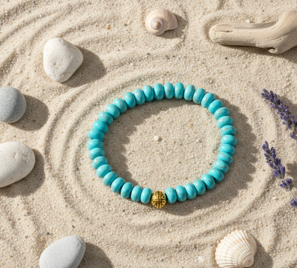 Türkises Steinarmband mit goldener Perle - Boho Beach Style - Bild 1 von 4