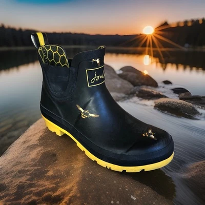 Botas de lluvia cortas de goma Joules Wellibob talla 7 negras amarillas abejas impermeables Foto 1 de 4
