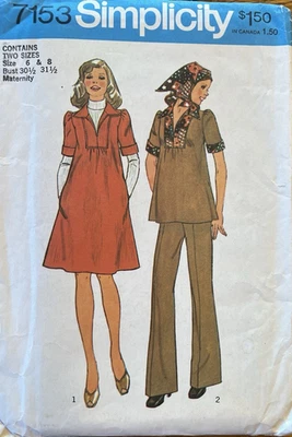 Vtg 70's Simplicity 7153 Maternity Dress Top Pants sewing pattern sz 6-8 UNCUT - Image 1 of 2