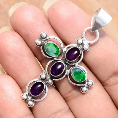 Gemme viola ametista e diopside croce in argento sterling 925 gioielli... - Immagine 1 di 4