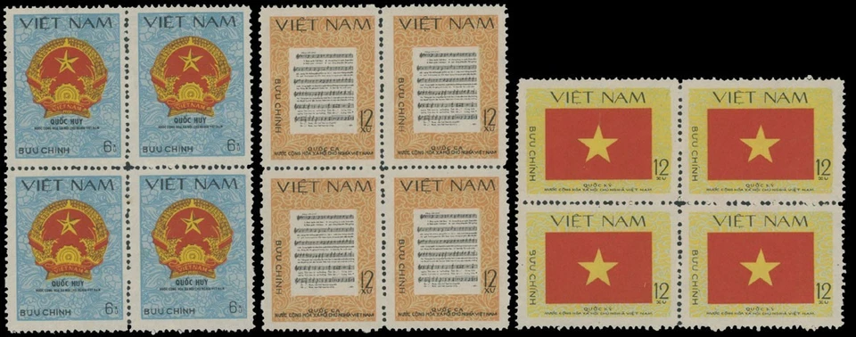 1980, VIETNAM, NAT'L. EMBLEMAS, BRAZO, BANDERA, HIMNO, BLOQUES DE 4, NH, SC.#1090-92 Foto 1 de 1