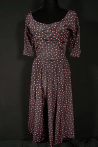 Vintage 1950's Suzy Perette Black Rayon Red Polka Dot Cocktail Dress Size 4 - Picture 1 of 4