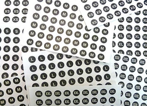 Mens Clothes Size Stickers Cream on Black Round Self-Adhesive Clothing Labels - Picture 1 of 9