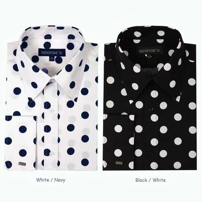 Camisa de vestir de algodón a lunares para hombre puño francés #616 blanco y negro  Foto 1 de 4