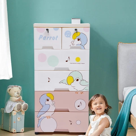 Modern Rolling Parrot Plastic Dresser Bedroom Storage Cabinet 5Layers & 6Drawers Cover