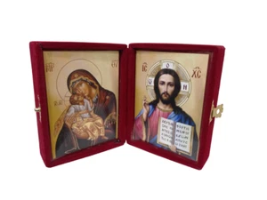 5 1/4" Russian Style Byzantine Greek Orthodox Diptych Red Velvet Icon 13.5cm - Picture 1 of 4