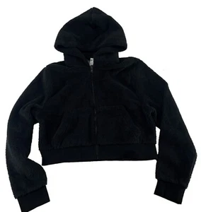 Women's Plush Cropped Hoodie Fluffy Full Zip Lined Hooded Sweatshirt  Black 2XL - Picture 1 of 5