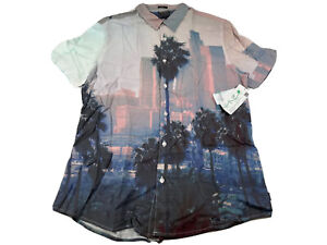 Guess Men's Blue Pink Eco LA Snapshot-Print Graphic Slim-Fit Button Shirt Size M