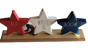 Rae Dunn Metal Sign Wooden Base Red White And Boom Stars Patriotic 6" Tall new - Picture 1 of 3