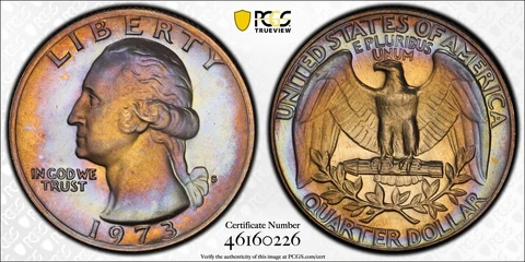 PR64 1973-S 25C Washington Proof Quarter, PCGS Secure- Rainbow Toned Cover