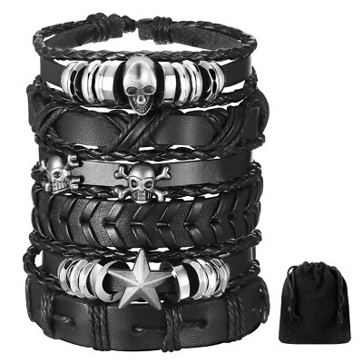 6 Pulseras de Cuero Tejidas de Halloween Brazalete Trenzado Punk para Hombres - Imagen 1 de 4