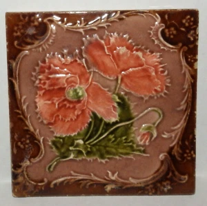 Antique Majolica Poppy Floral Tile 6"x6" - Picture 1 of 7