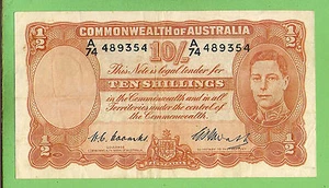 LAST PREFIX  AUSTRALIAN 1949  COOMBS / WATT  TEN SHILLING BANKNOTE  #A74 489354 - Bild 1 von 2