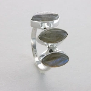 Anillo Triple Ovalado LABRADORITA - PLATA ESTERLINA 925 Piedra Preciosa Natural Genuina #20e - Imagen 1 de 8