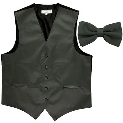 New Men's Formal Vest Tuxedo Waistcoat dark gray_Bowtie wedding prom party - Image 1 of 4
