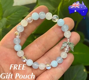 PROTECTION Guardian Angel Wings Charm Aquamarine Moonstone Crystal Bead Bracelet - Picture 1 of 9