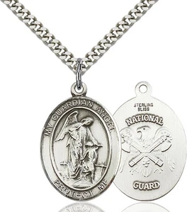 925 Sterling Silver Guardian Angel Nat'l Guard Military Catholic Medal Necklace - Picture 1 of 1