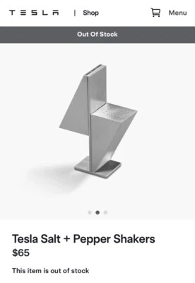 NEW! TESLA Salt + Pepper Shakers! SOLD OUT - TESLA COLLECTOR - IN HAND! SHIP NOW - Image 1 of 4