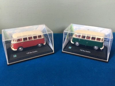 Two Hongwell Cararama VW Samba Bus Van Two 2 Pair Bundle In Cases Green Red  - Image 1 of 4