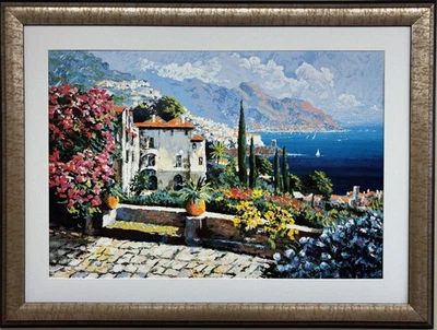 Kerry Hallam "Amalfi Coast" CUSTOM FRAMED ART Italian Coast Villa NEW - Image 1 of 3