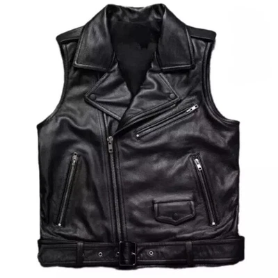 Men’s Black Vintage Café Racer Real Leather Biker Motorcycle Riding Style Vest - Image 1 of 3