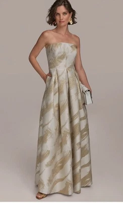 Donna Karan Strapless Metallic Jacquard Pleated Gown, Gold/champagne,sz 8, New - Image 1 of 4