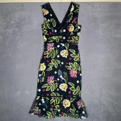 Belle Badgley Mischka Dress Womens 0 Black Floral Embroidered Fitted Cocktail - Image 1 of 4