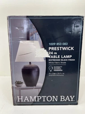 Hampton Bay Prestwick 23.75 in. Distressed Black Table Lamp White Fabric Shade - Image 1 of 2